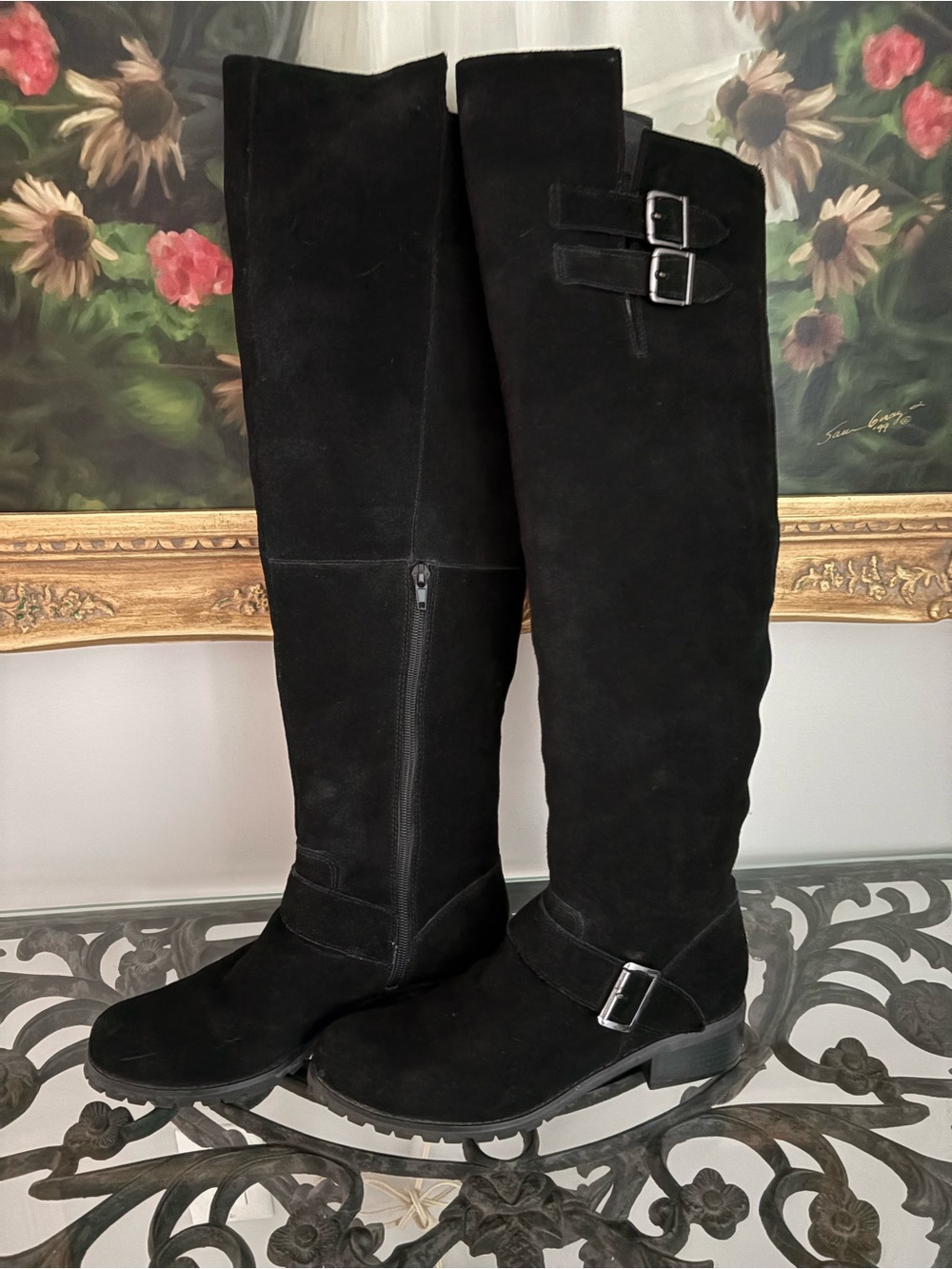 Black Over-the-Knee Suede Boots with Buckle Accents